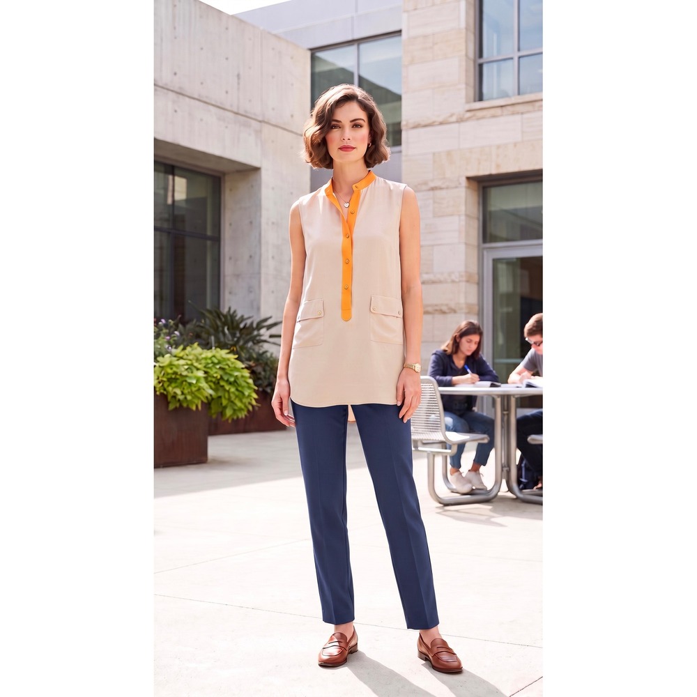 Akris Punto Silk Blend Sleeveless Tunic Top Beige Orange Contrast Trim Pockets 8